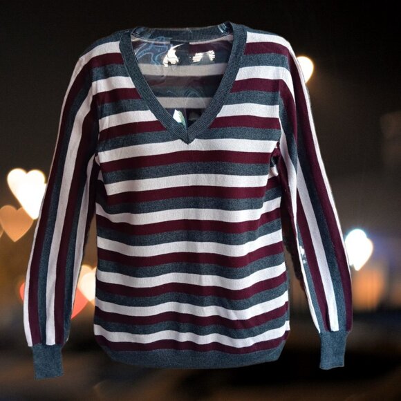 Worthington Women's Sweater Pullover V-neck Long Sleeves Striped Size M - Picture 1 of 11